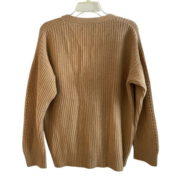Lucchese 100% Cashmere Fisherman Rib Cardigan size M Camel Tan NWT - Picture 2 of 9